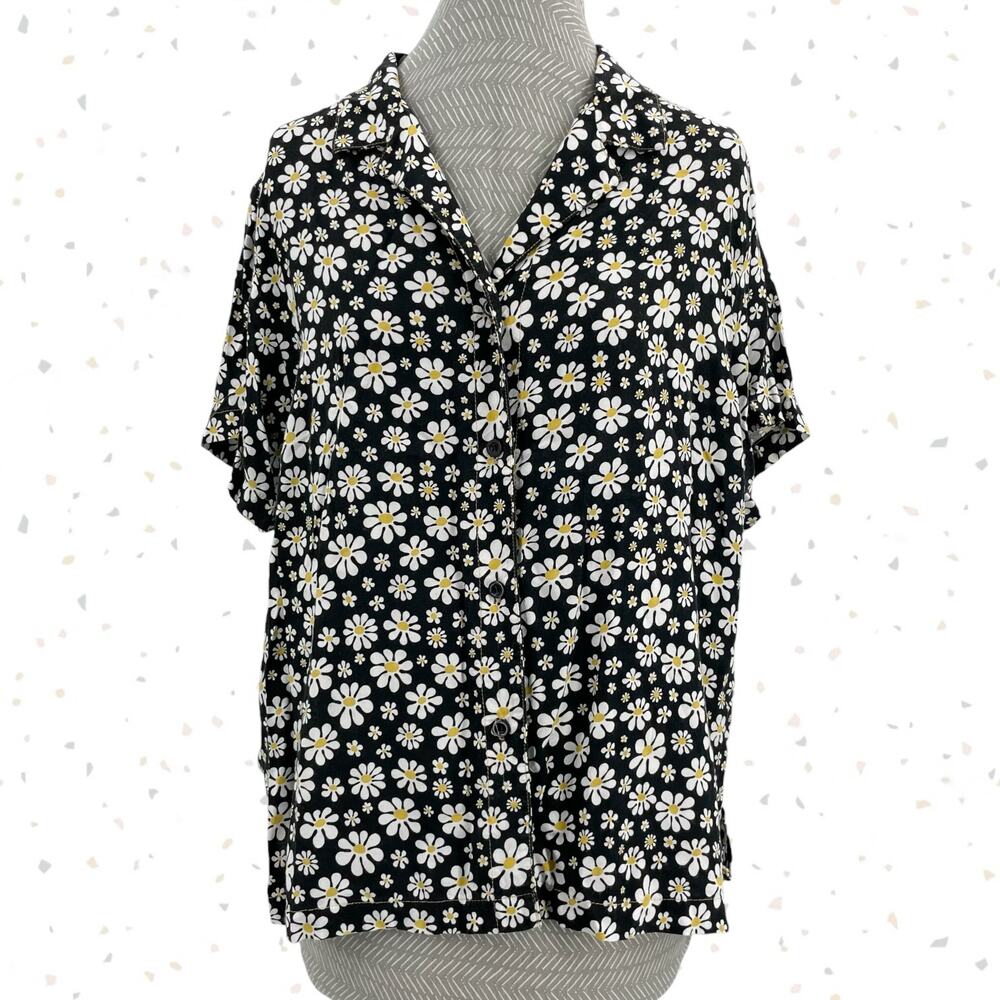 Big Bud Press Lazy Daisy Black White Floral Button Up Shirt Short Sleeve Size XL